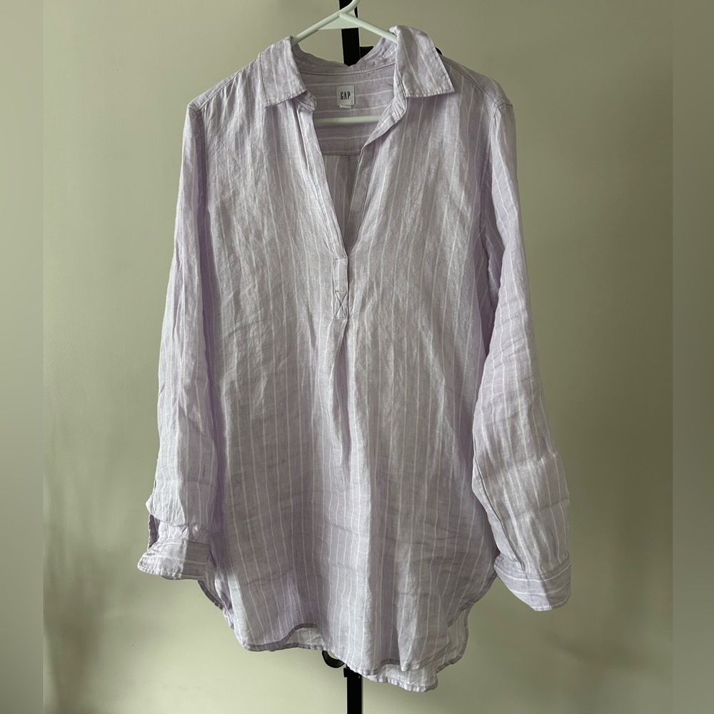 GAP Lavender Striped Linen Tunic Top, Size Medium.